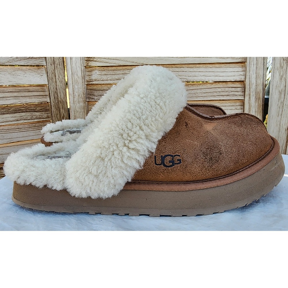 UGG US 10 Disquette Y2K Chestnut Suede Platform Scuff Slippers Comfort Cozycore